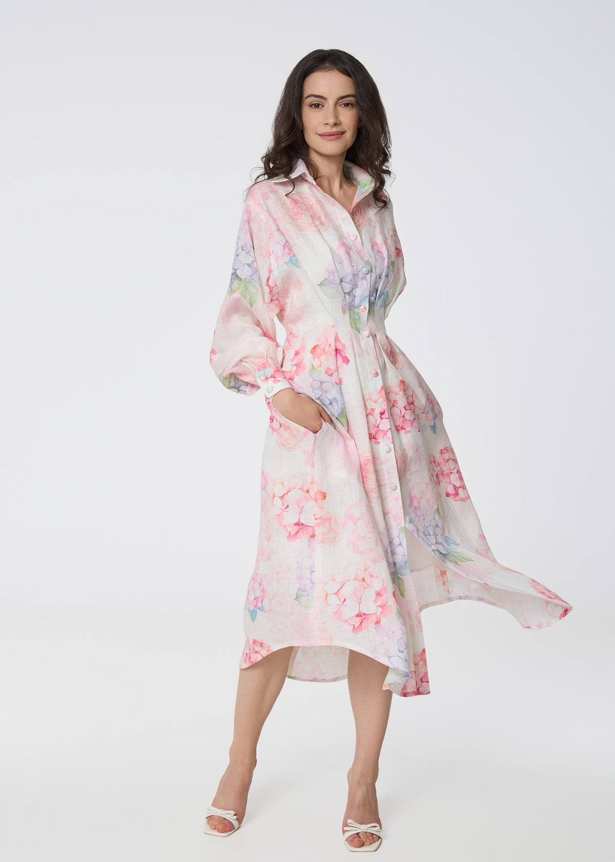Floral Linen Shirt Dress with Balloon Sleeves