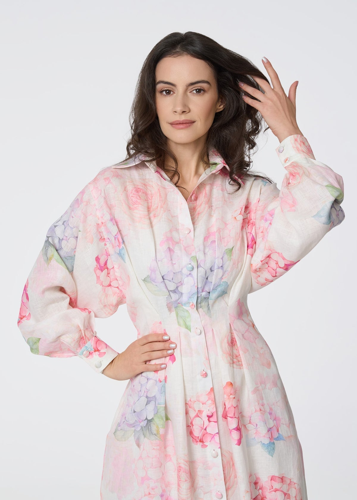 Floral Linen Shirt Dress with Balloon Sleeves