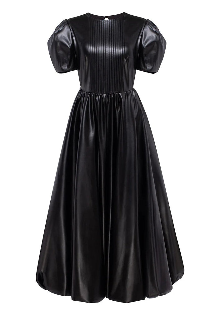 Black leather dress with puff sleeves on a white background