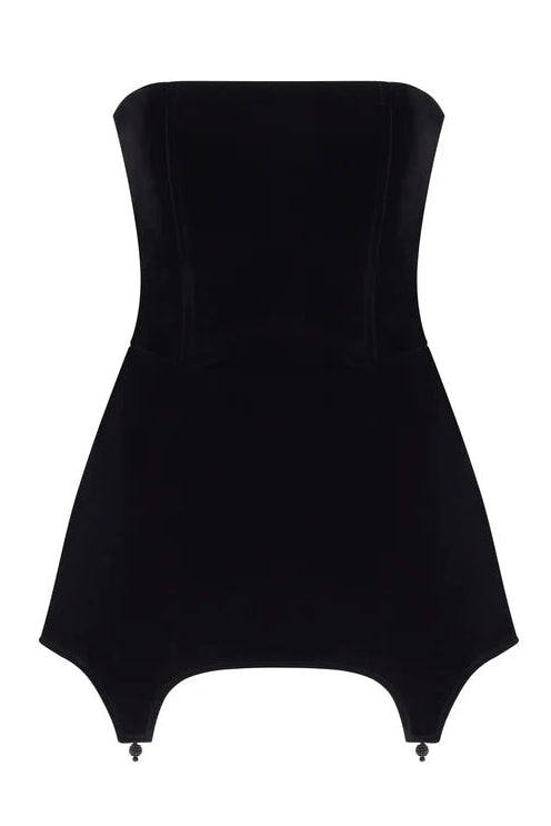 Black strapless, velvet top on a white background