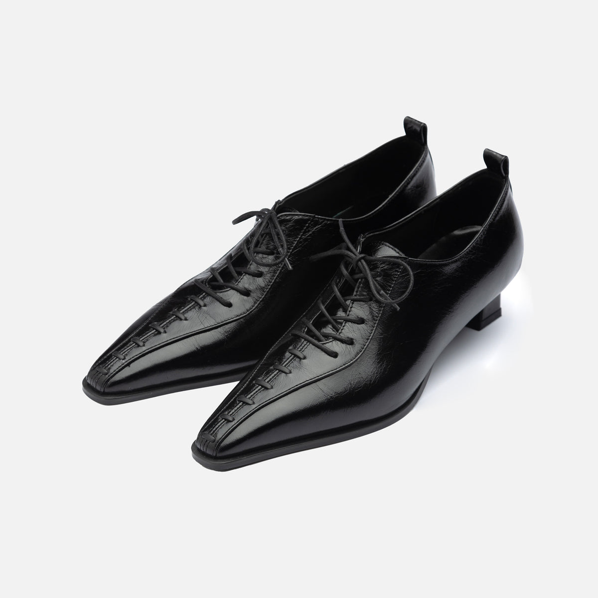 Black Lace-Up Kitten Heel 
Leather Shoes