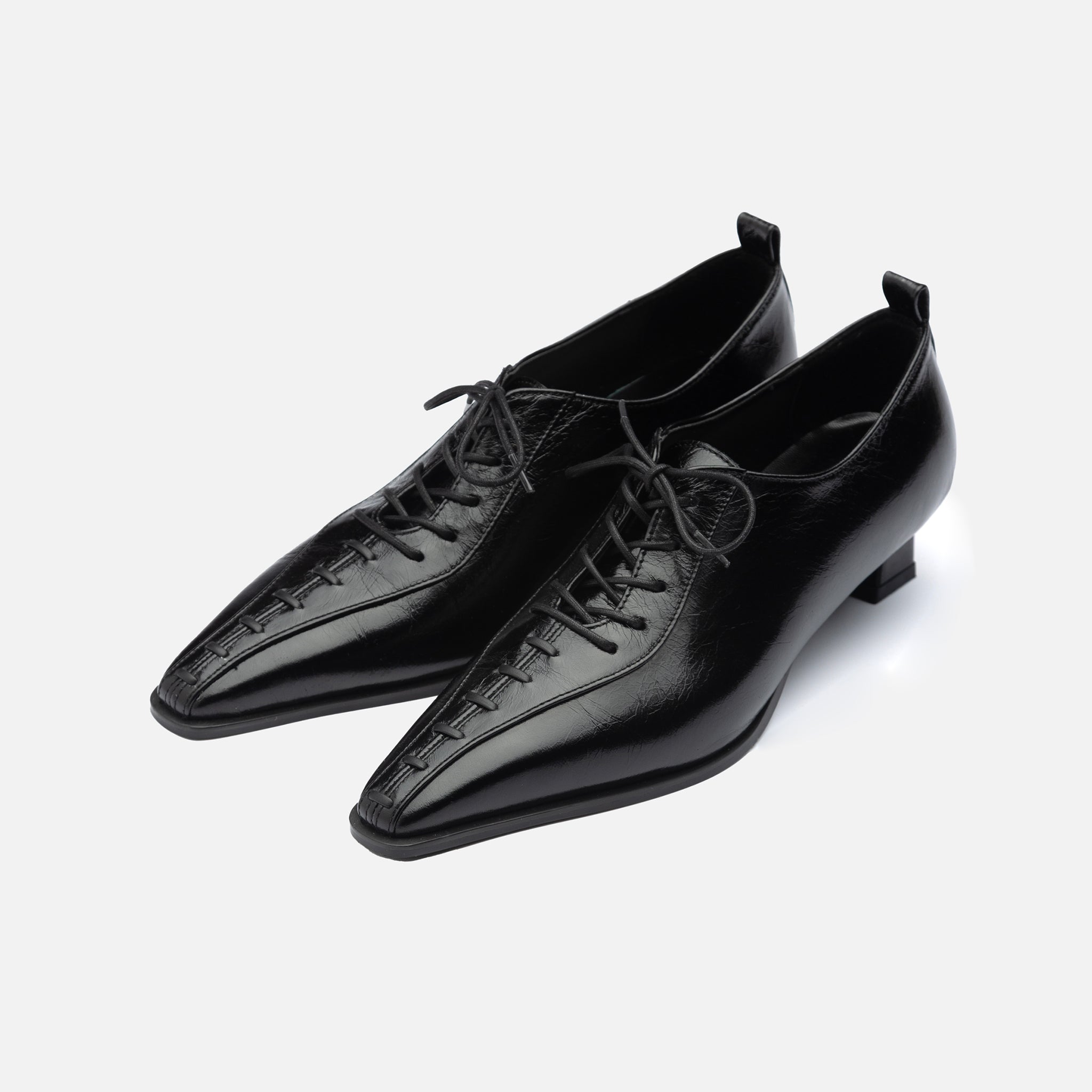 THEN - Black Lace-Up Kitten Heel Leather Shoes THEN - Black Lace-Up Kitten Heel Leather Shoes