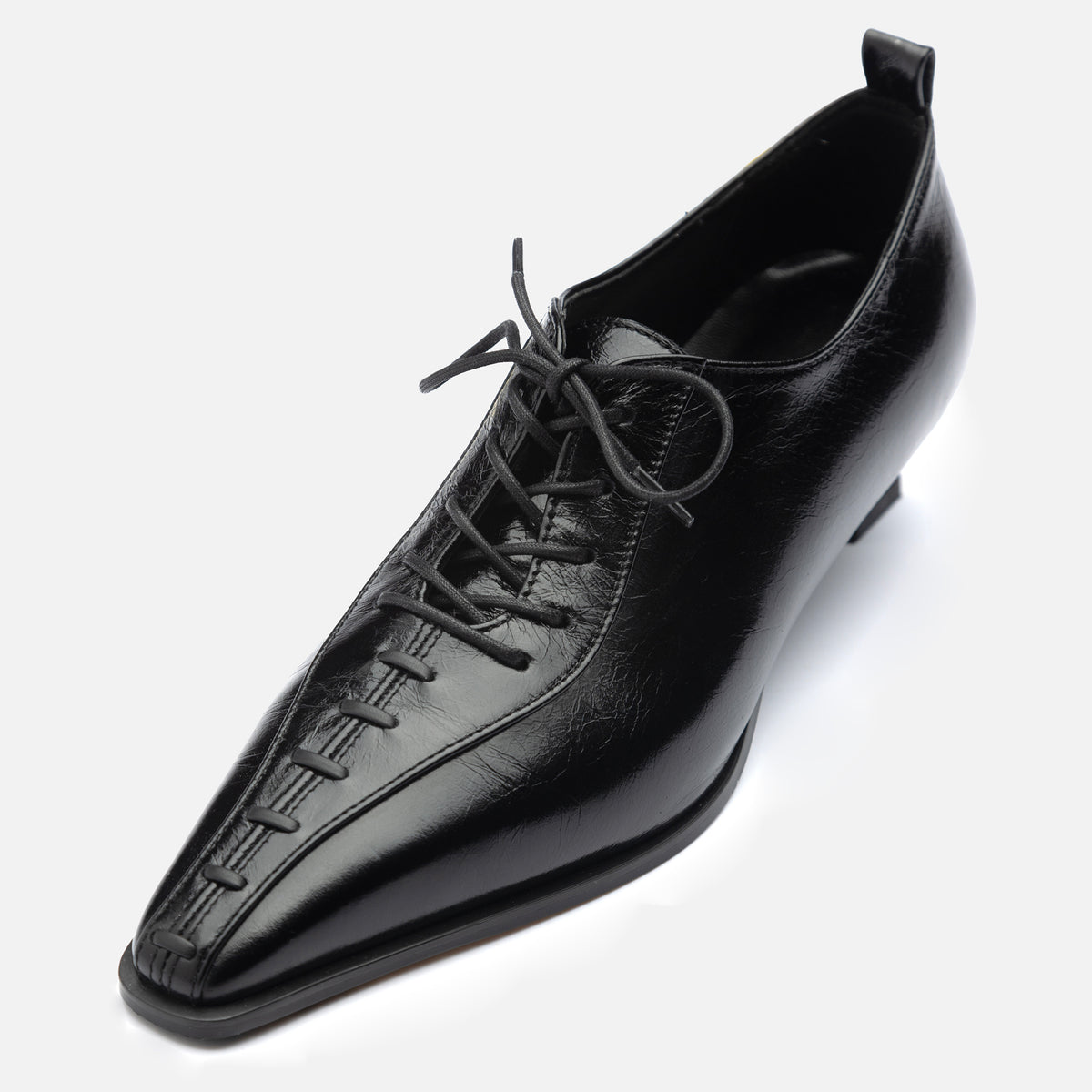 Black Lace-Up Kitten Heel 
Leather Shoes