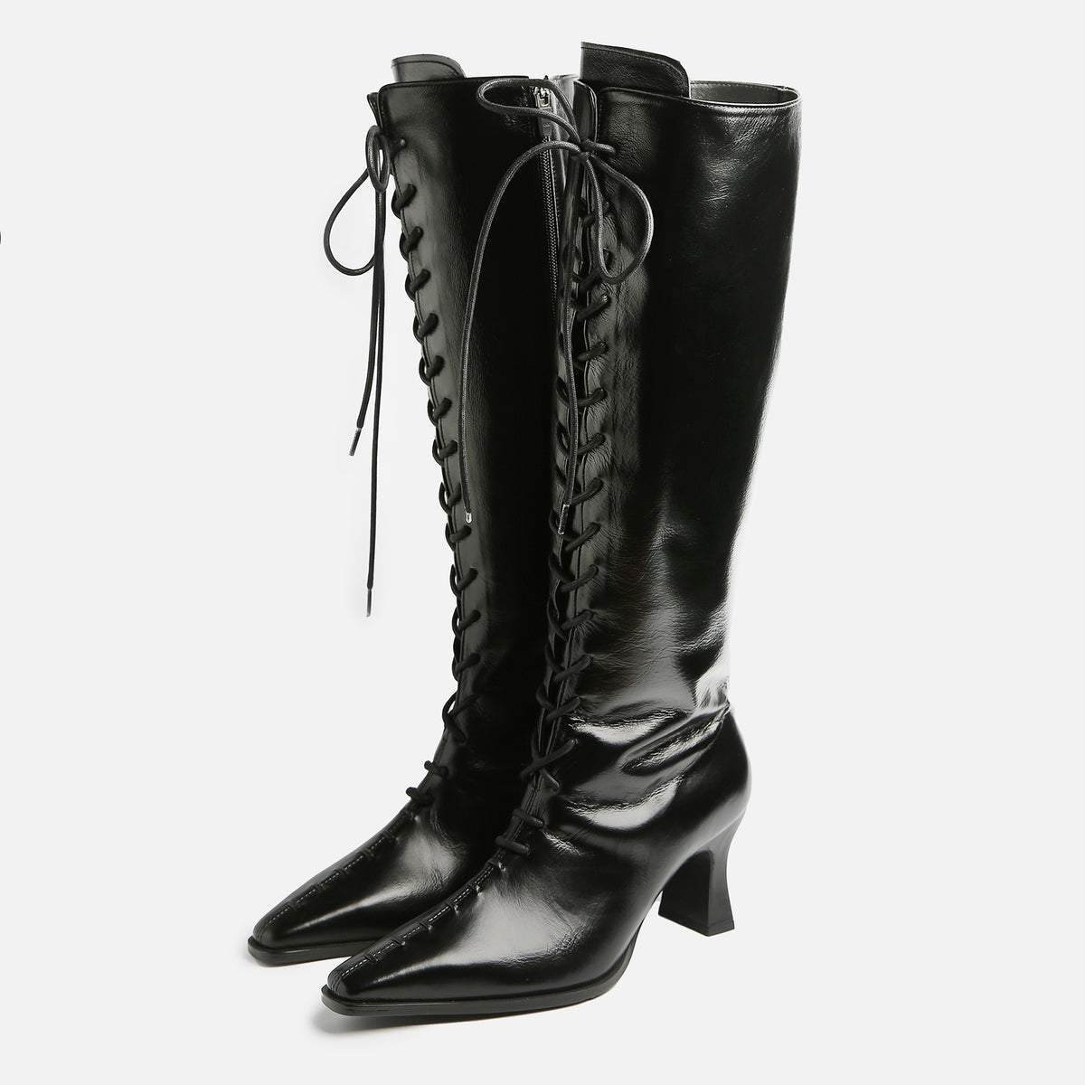 Black Lace-Up Knee-High Leather Boots