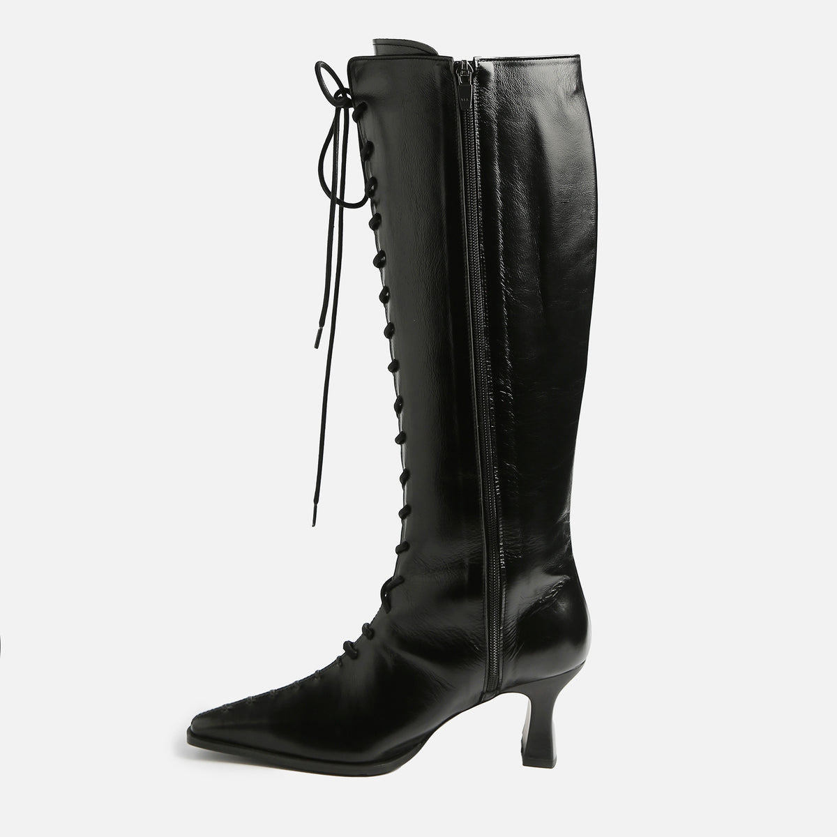 Black Lace-Up Knee-High Leather Boots