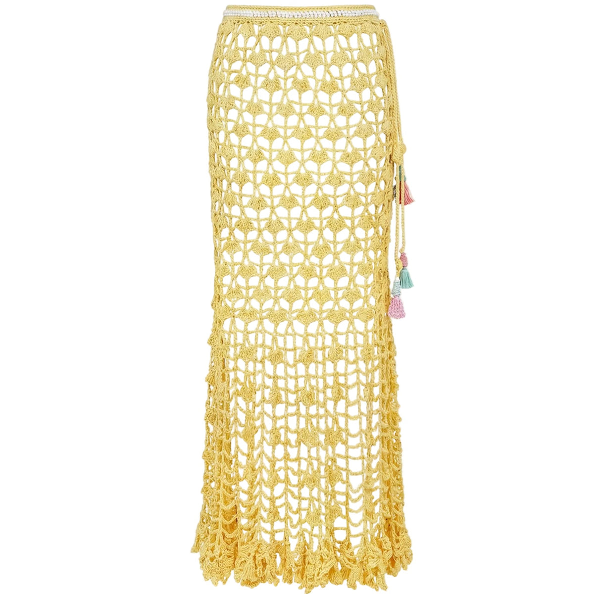 The California Poppy Yellow Handmade Knit Midi Skirt by ANDREEVA features an open lace-like pattern, scalloped hem, and side tie with colorful tassels—a standout handmade piece inspired by the California poppy.