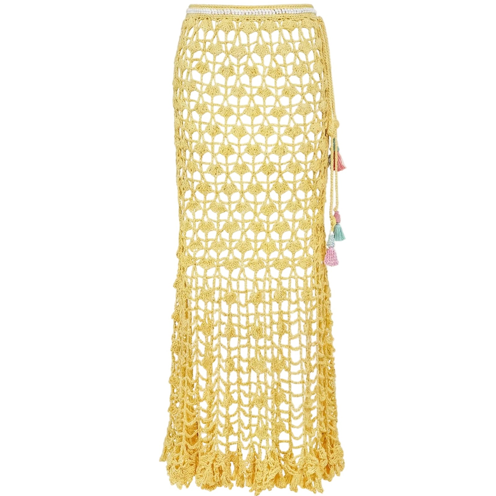 The California Poppy Yellow Handmade Knit Midi Skirt by ANDREEVA features an open lace-like pattern, scalloped hem, and side tie with colorful tassels—a standout handmade piece inspired by the California poppy.