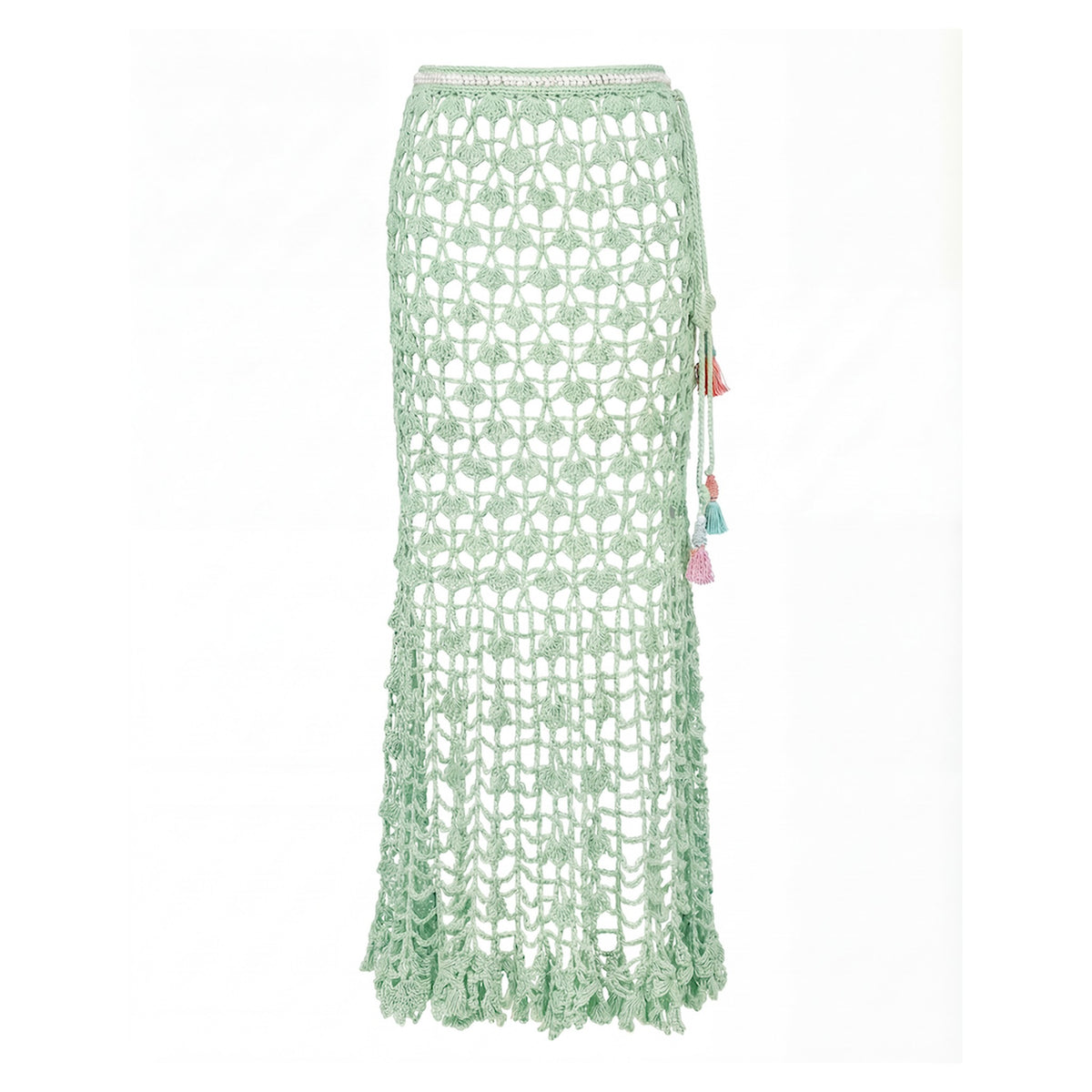 The ANDREEVA California Mint Handmade Knit Midi Skirt features an open floral crochet pattern, scalloped hem, and colorful tassel side-tie, embodying boho beachwear style. Shown on a plain white background.
