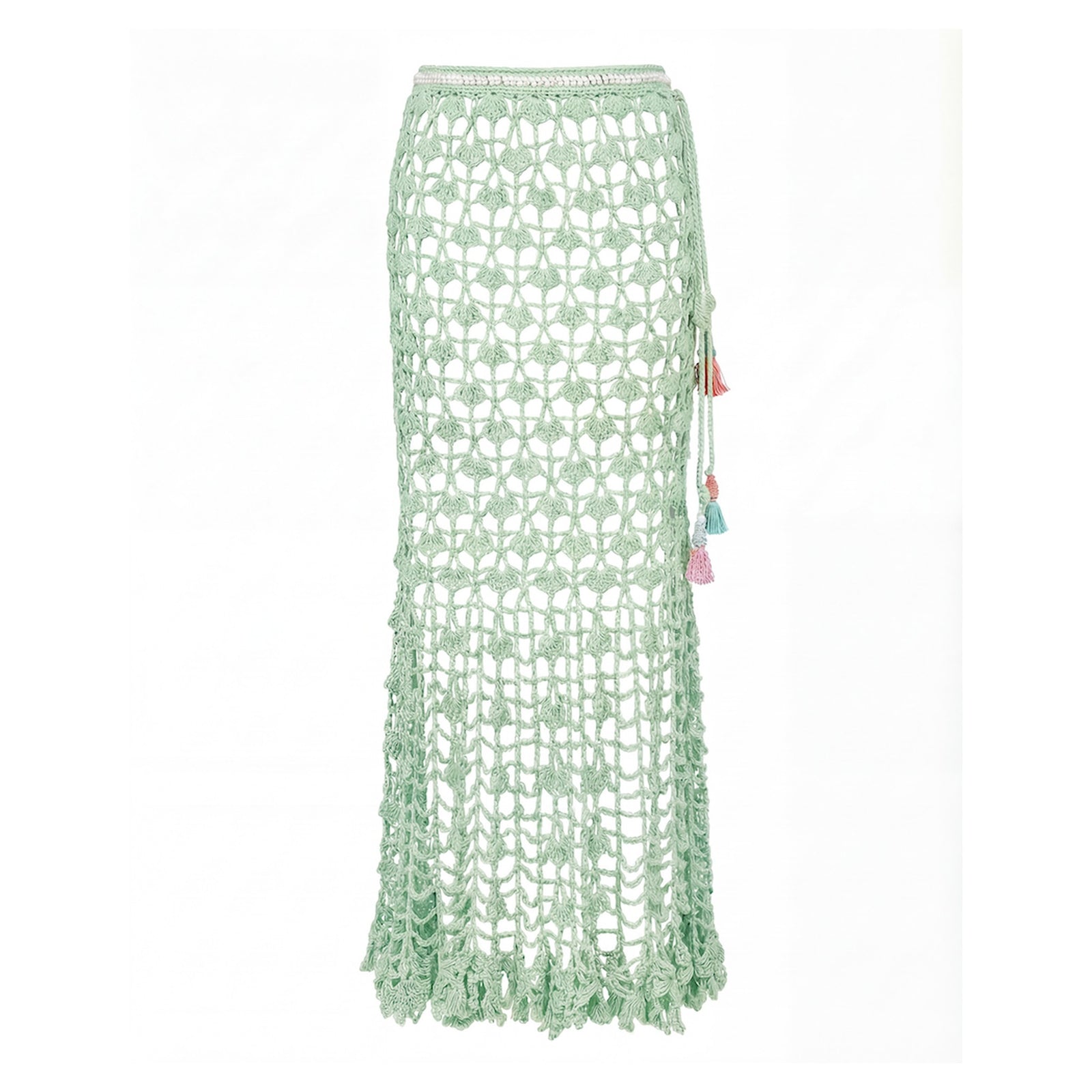 The ANDREEVA California Mint Handmade Knit Midi Skirt features an open floral crochet pattern, scalloped hem, and colorful tassel side-tie, embodying boho beachwear style. Shown on a plain white background.