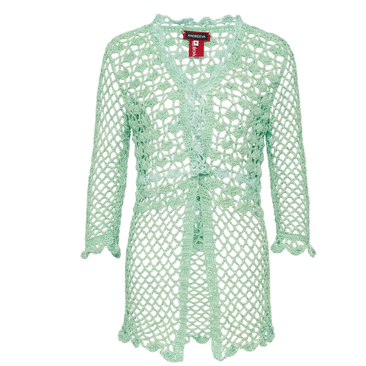 The ANDREEVA California Mint Handmade Crochet Shirt is a light green, long-sleeved, open-front cardigan with boho flair, scalloped hem and cuffs, an airy mesh design, and a red label at the neckline for an effortlessly chic look.