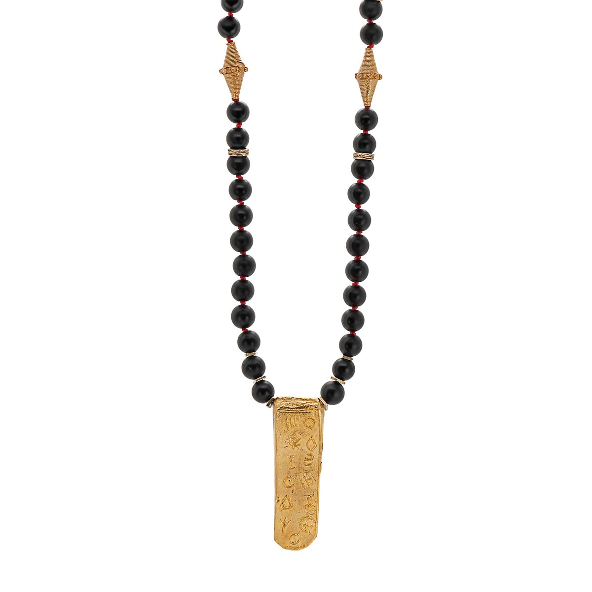 Gold Egyptian Symbols Pendant Black Onyx Stone Beaded Necklace