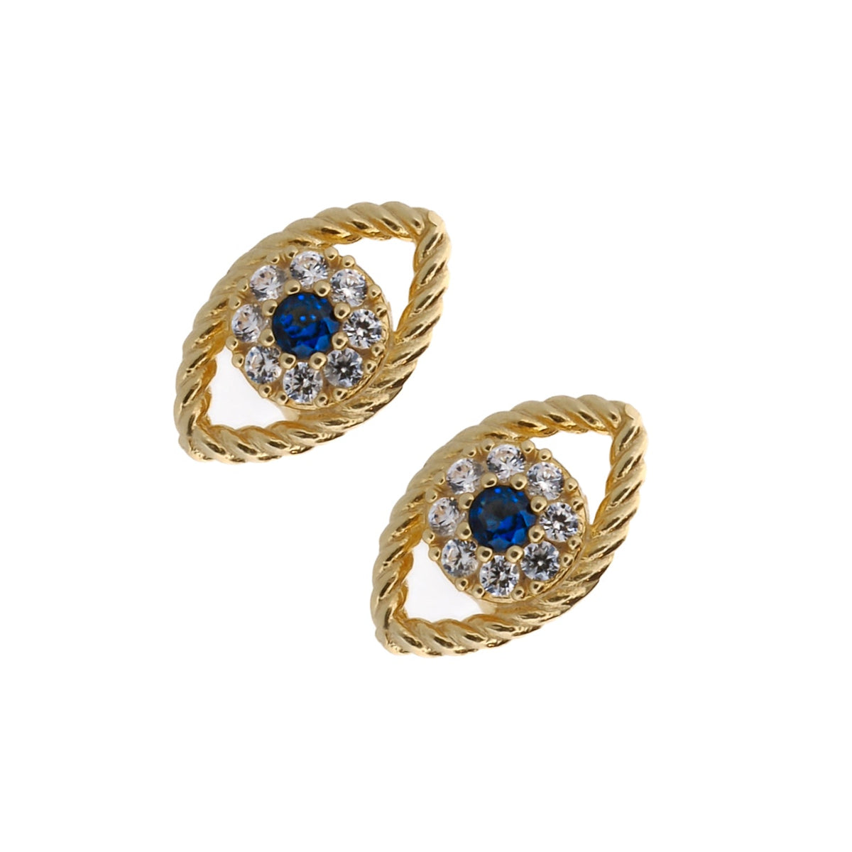 Blue Sapphire Diamond &amp; Gold Evil Eye Stud Earrings with vibrant blue sapphire and pave CZ diamonds.