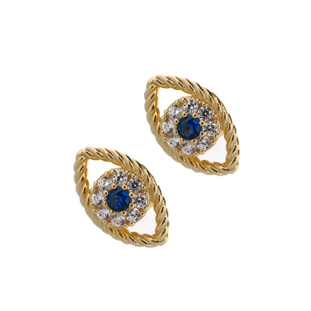Sterling Silver Evil Eye Stud Earrings adorned with blue sapphire and diamonds.
