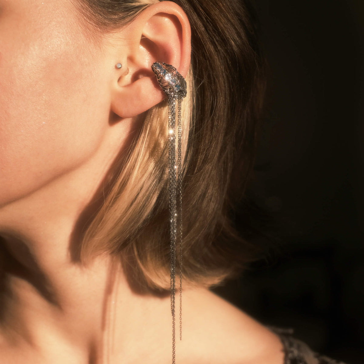 Greatness Gone Earcuff with Chains | Blue Topaz