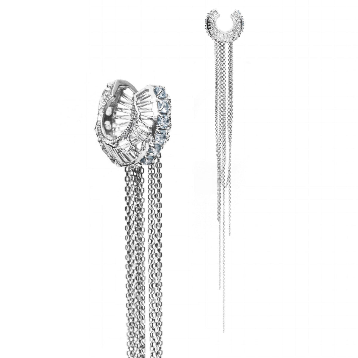 Silver earrings with chain details on a white background