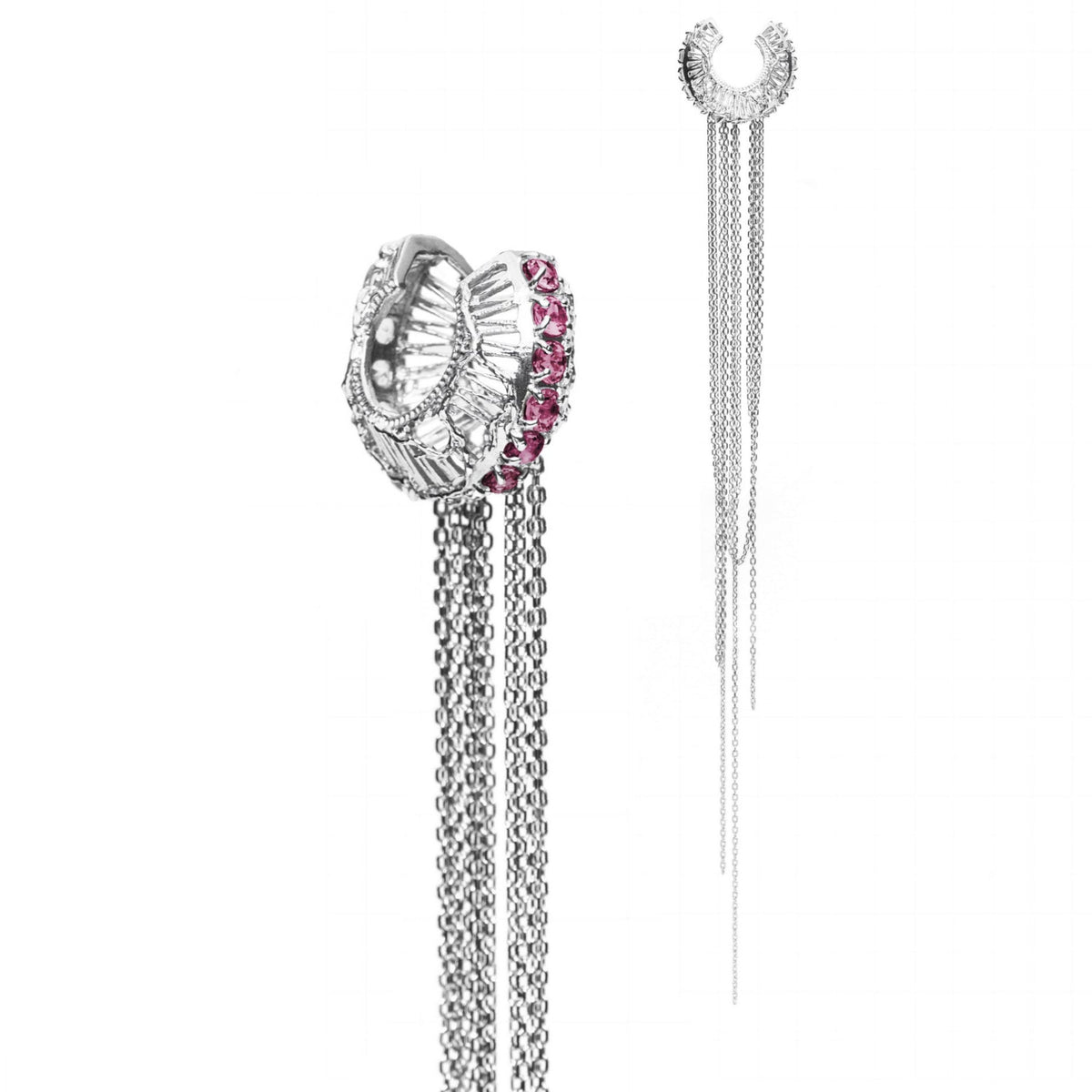 Silver earrings with gemstones on a white background