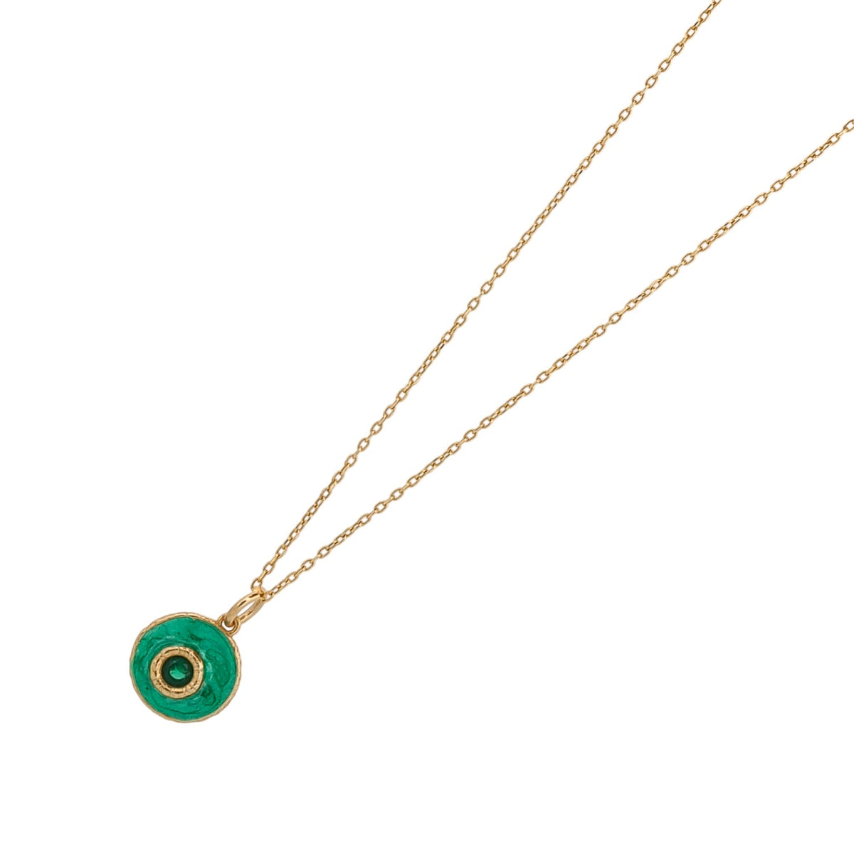 luxurious 18K gold-plated necklace with green jade and enamel evil eye charm