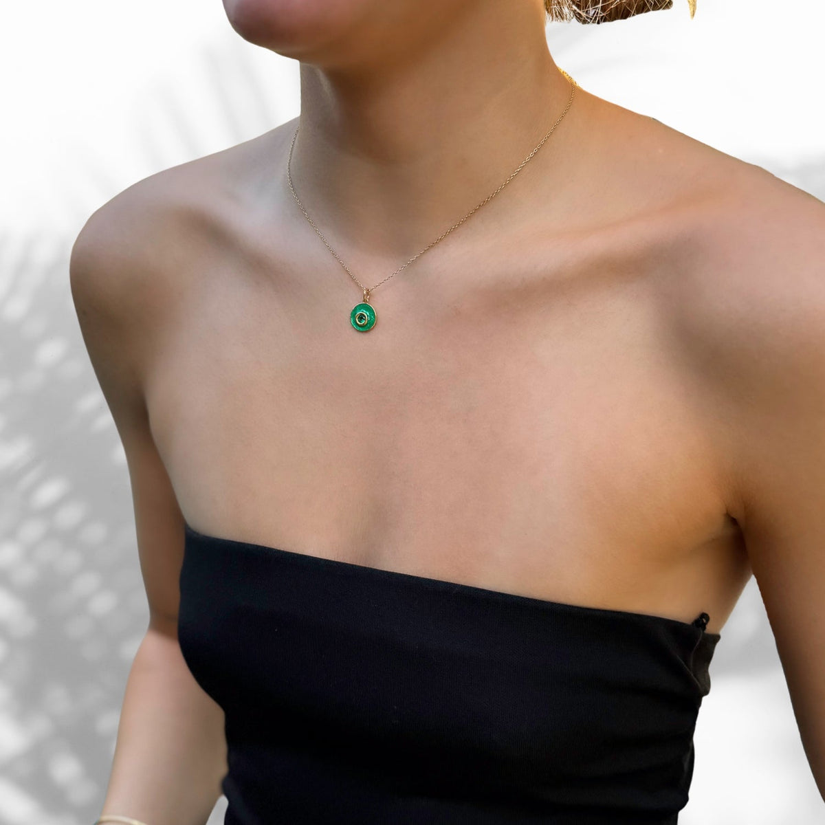 delicate green enamel evil eye pendant necklace with jade stone, 18K gold-plated