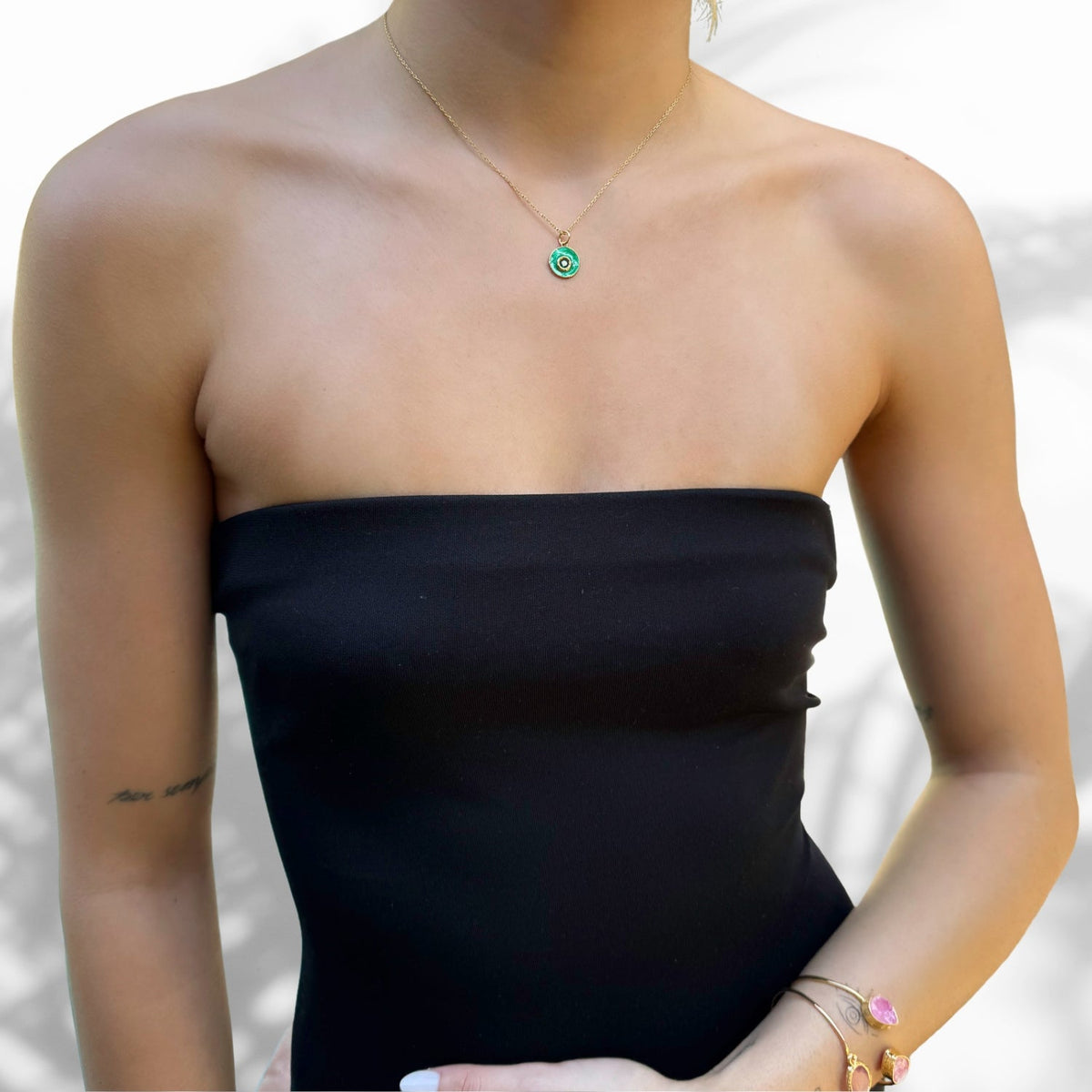 green enamel and jade stone evil eye pendant necklace on 18K gold-plated chain