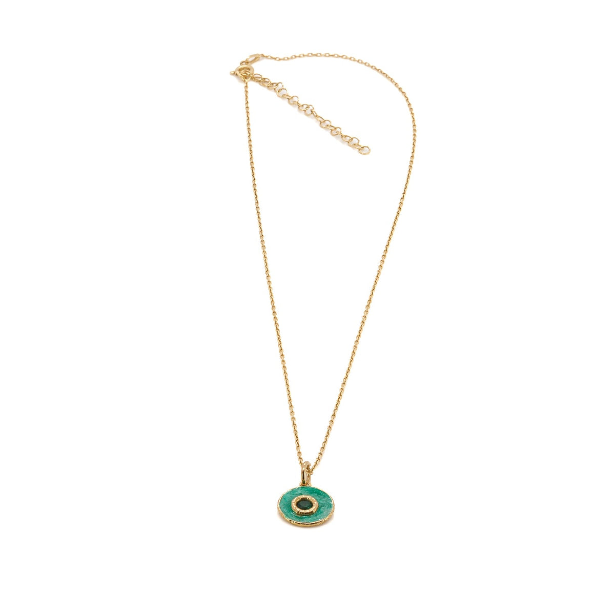 handmade green enamel and jade stone evil eye necklace with 18K gold-plated sterling silver