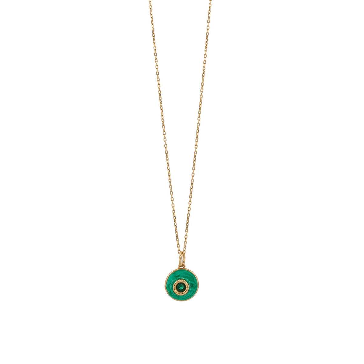 18K gold-plated evil eye necklace featuring green enamel and jade stone pendant