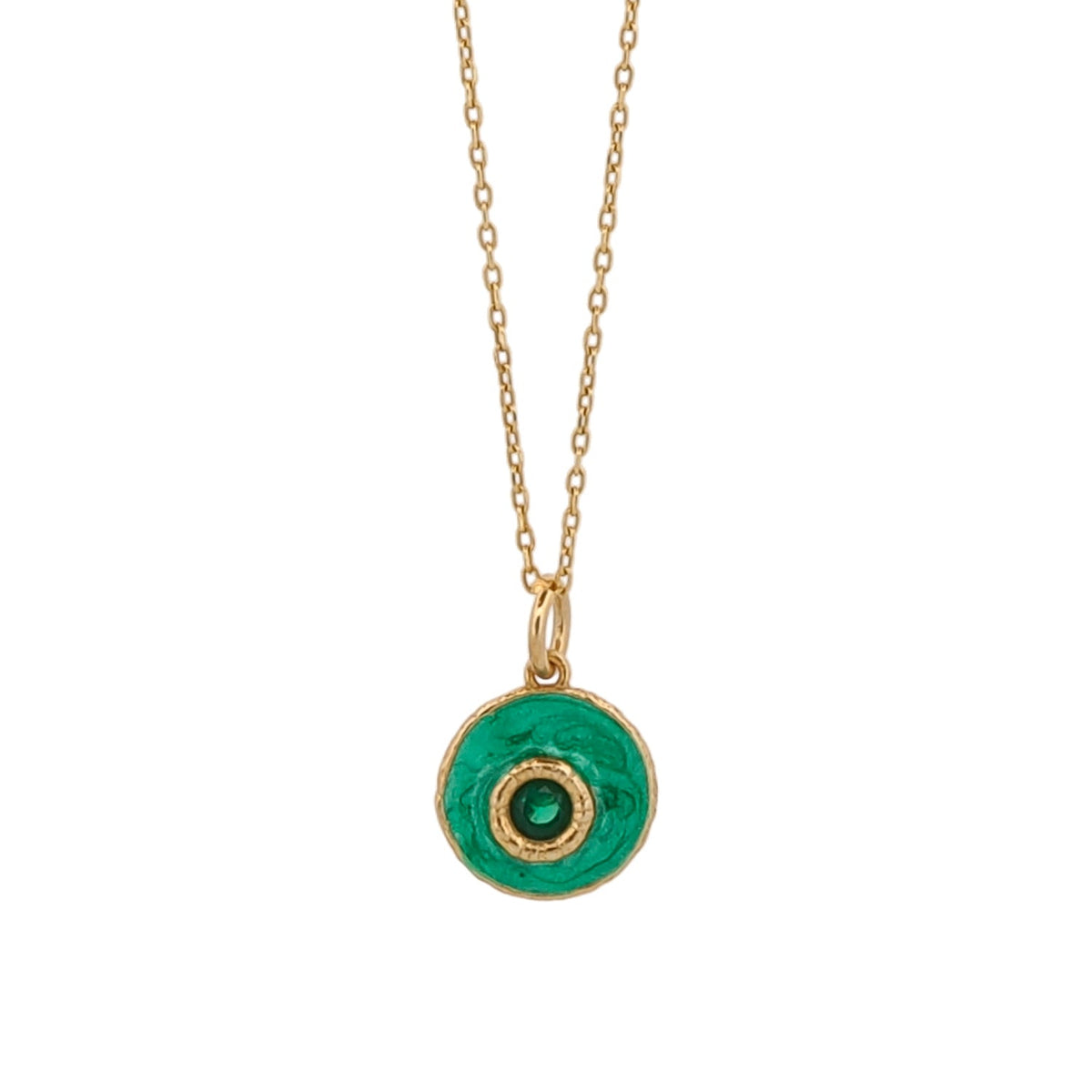 18K gold-plated sterling silver necklace with green enamel and jade stone evil eye pendant