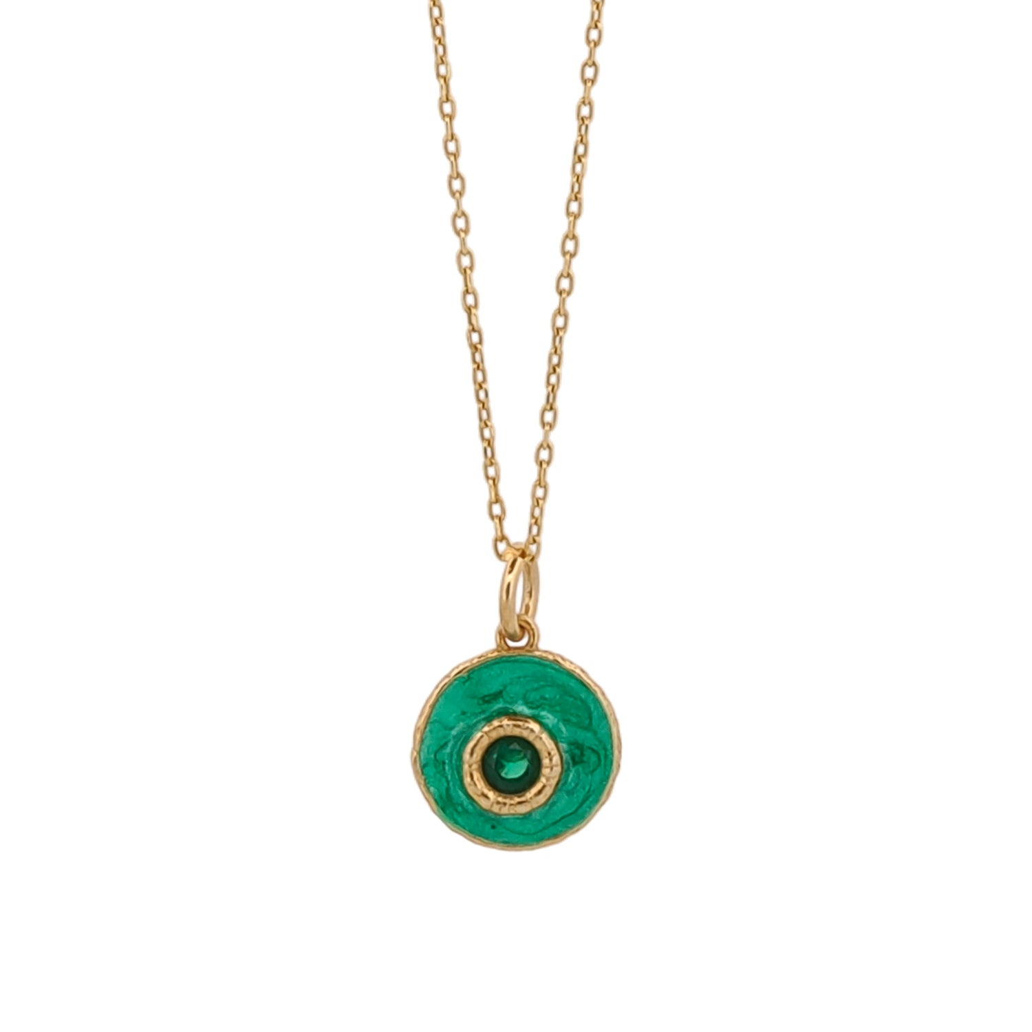 18K gold-plated sterling silver necklace with green enamel and jade stone evil eye pendant