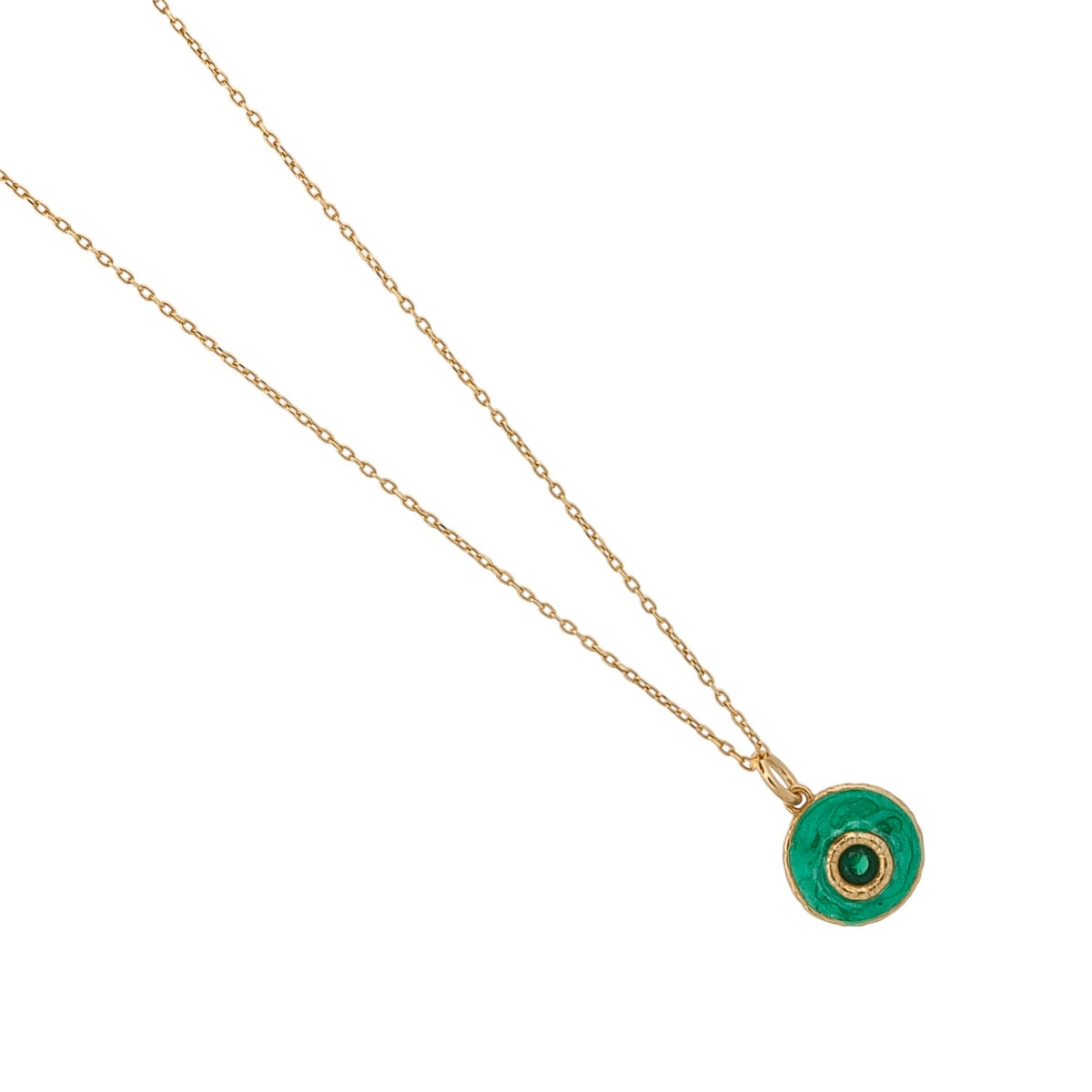 green jade stone and enamel evil eye necklace with 18K gold-plated sterling silver chain