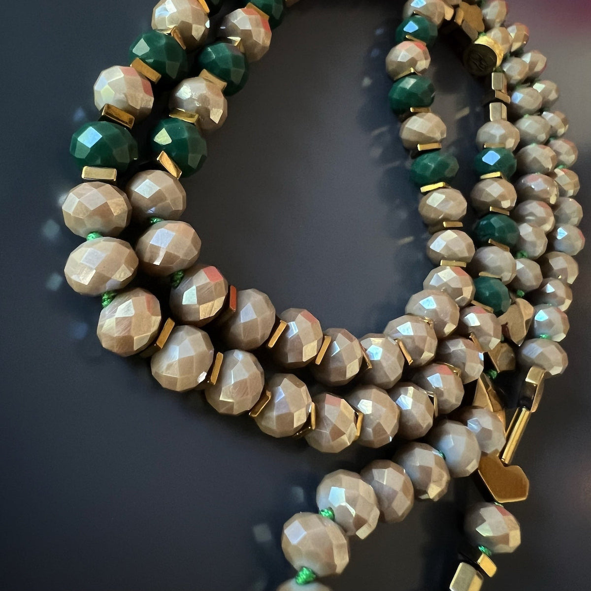 Green Evil Eye Unique Necklace - Handmade Jewelry with Beige and Green Crystal Beads.