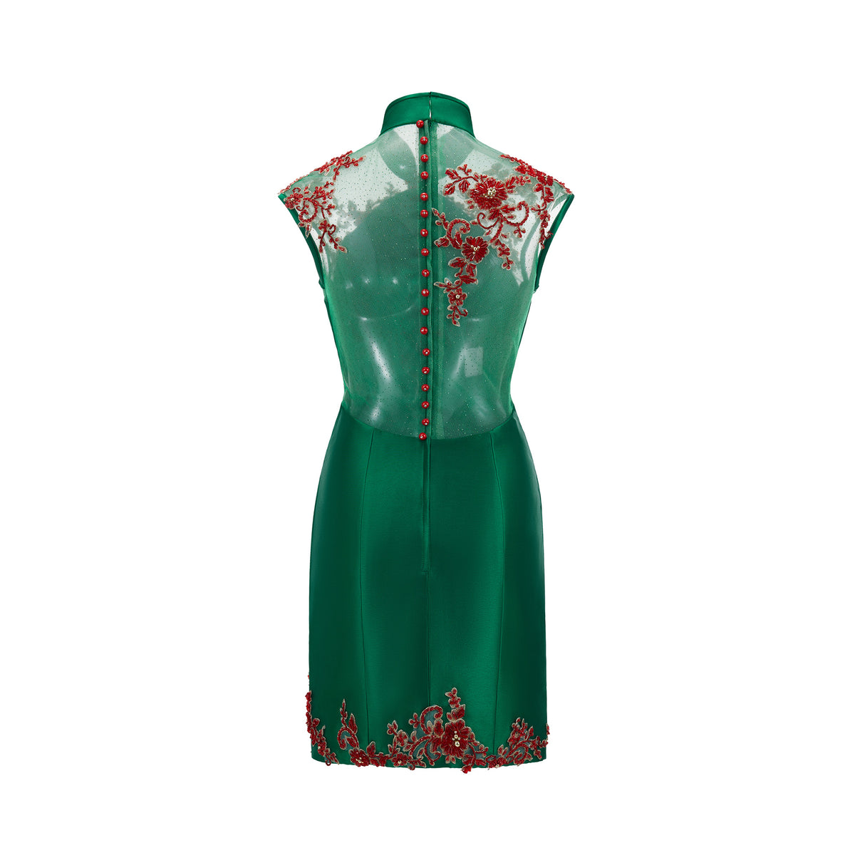 Green Beaded Rose Short Qipao