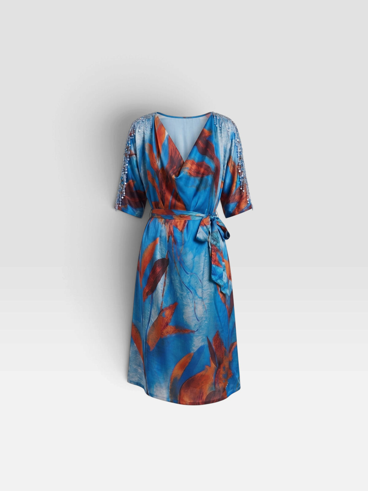 Blue Multicolour Cowl Midi Dress with Sequins