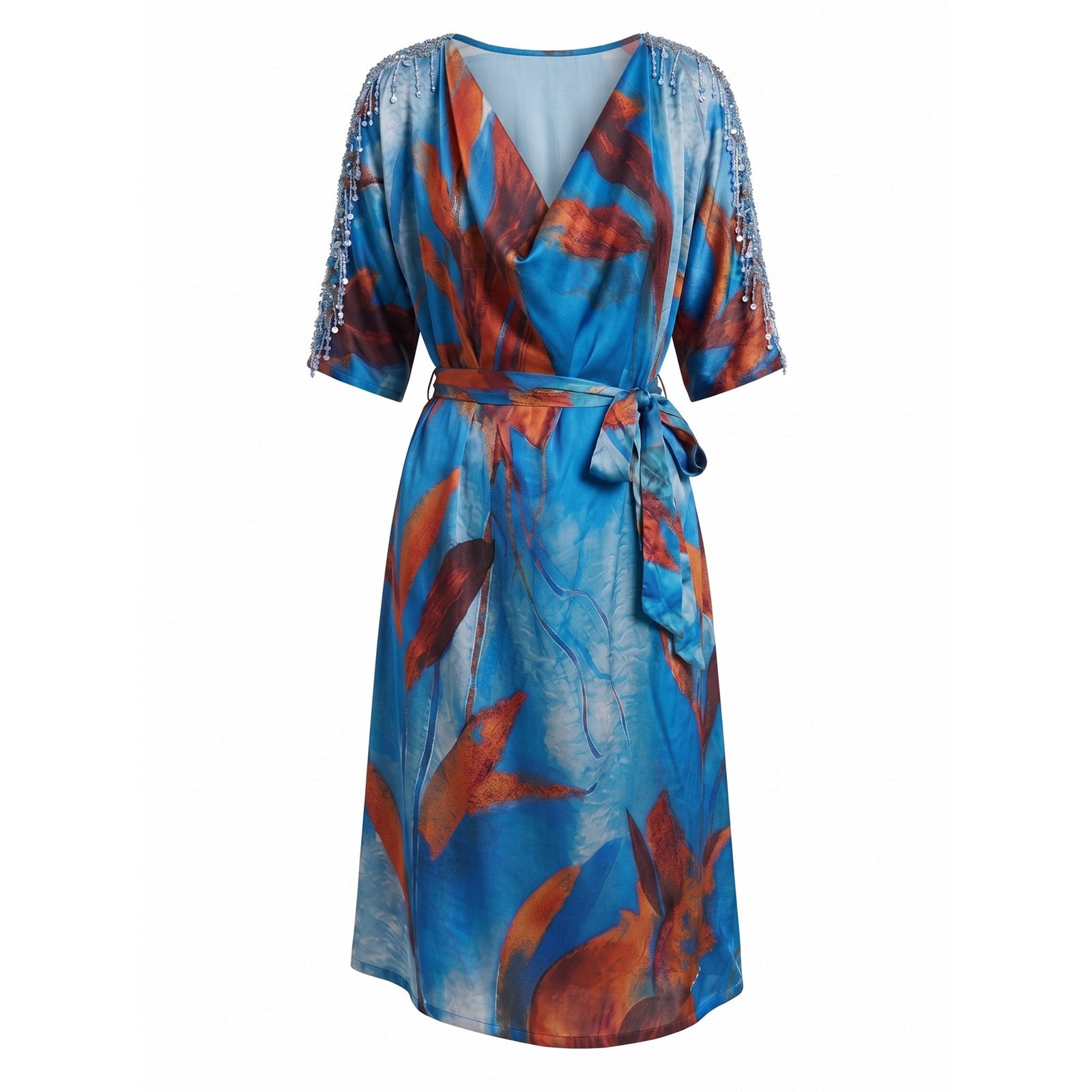 IEVA - Blue Multicolour Cowl Midi Dress with Sequins, buy at DOORS NYC