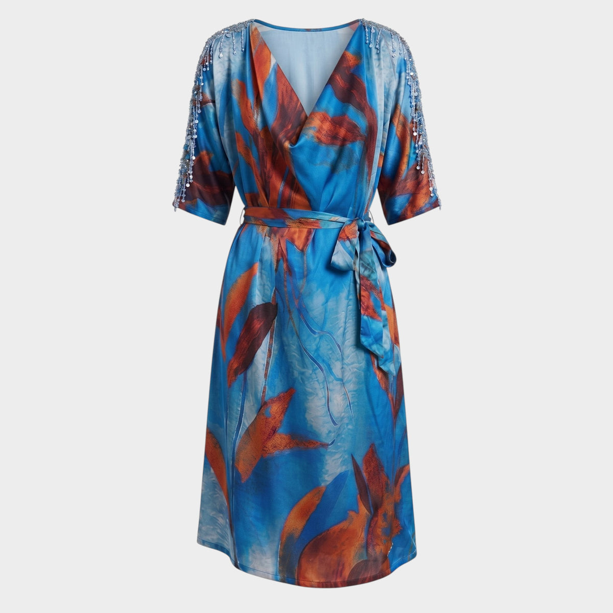 Blue Multicolour Cowl Midi Dress with Sequins