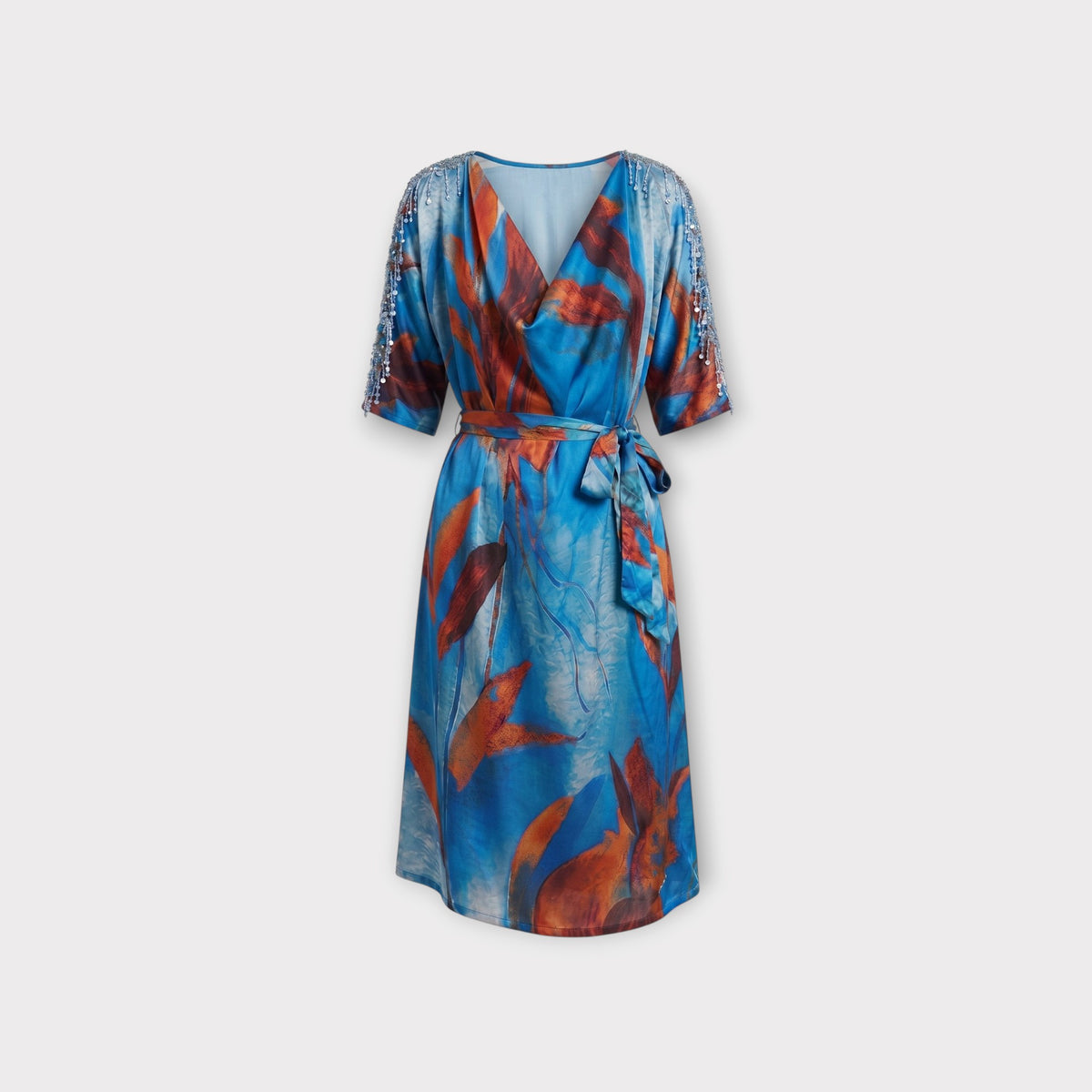 Blue Multicolour Cowl Midi Dress with Sequins