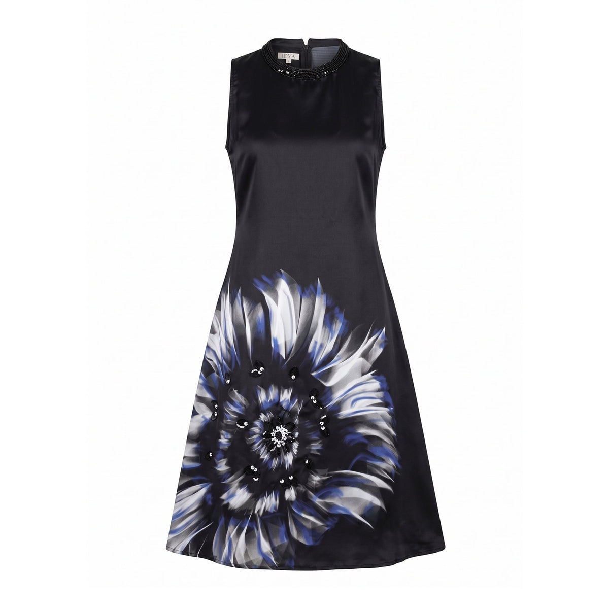 IEVA - Black Floral Sequin Flare Midi Dress, buy at DOORS NYC