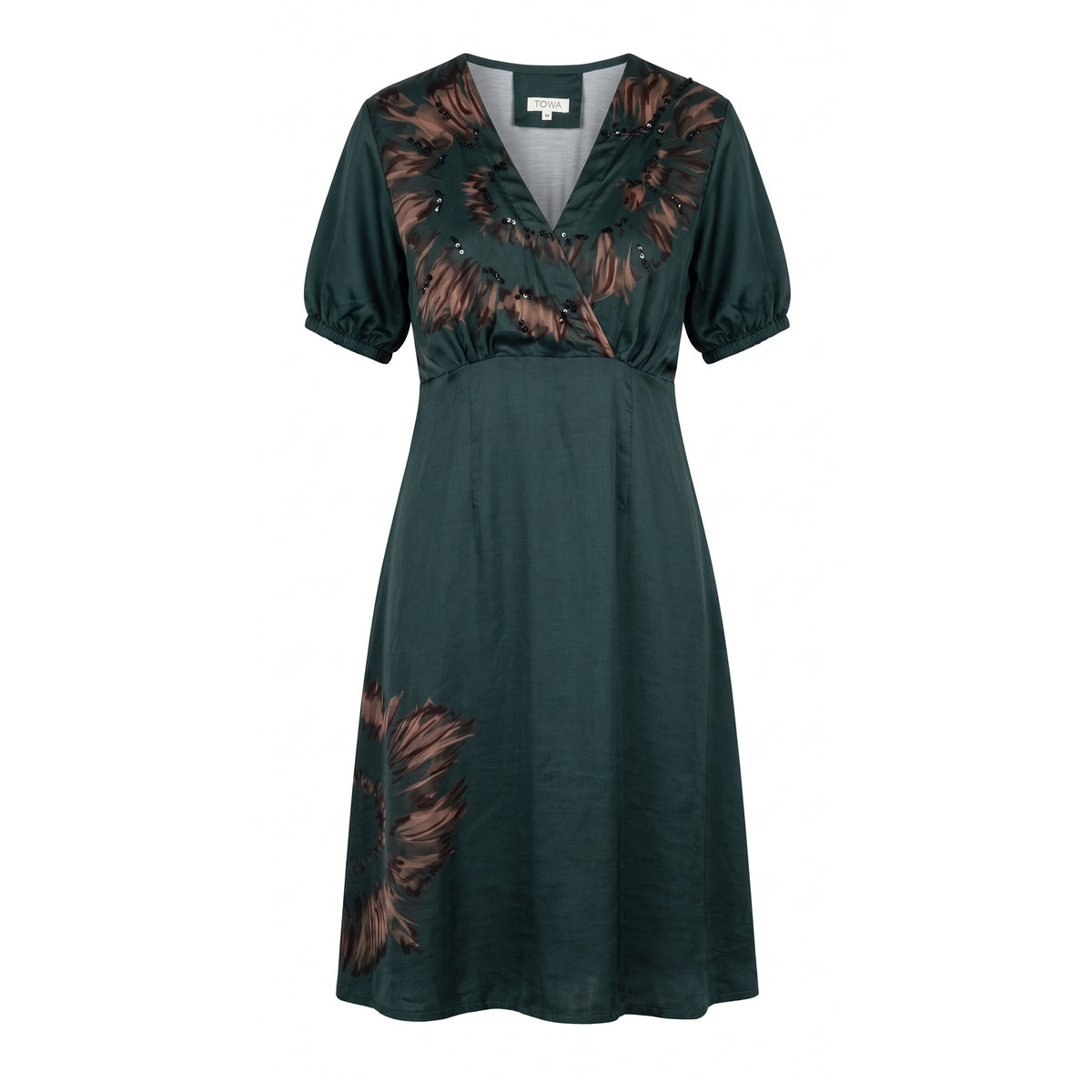 Dark Green Brown Embellished Wrap Midi Dress