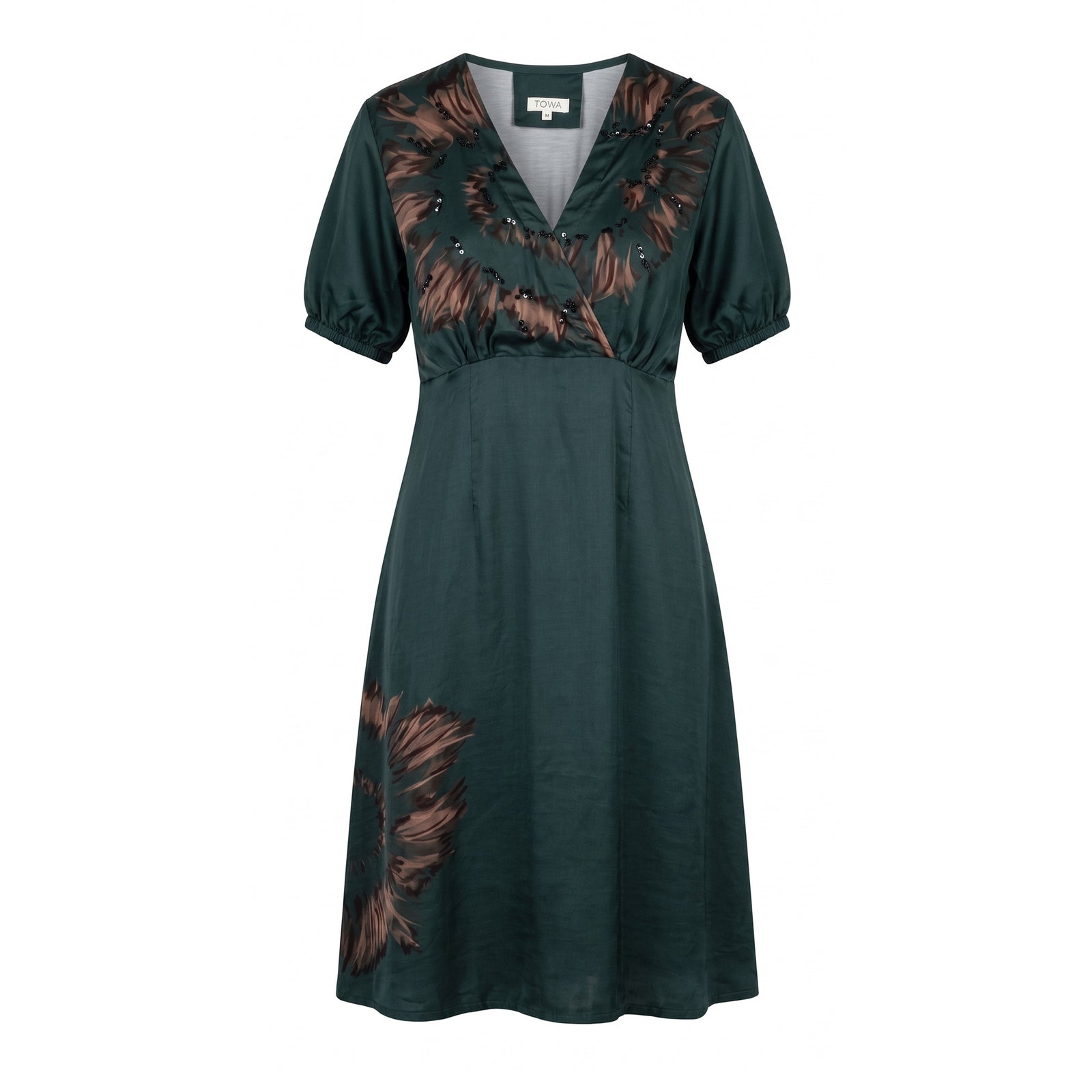Dark Green Brown Embellished Wrap Midi Dress