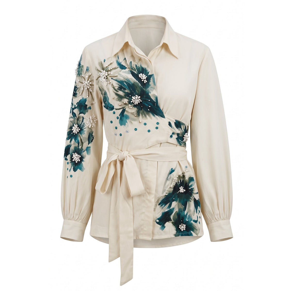 IEVA - Ivory Indigo Sequin Wrap Top, buy at DOORS NYC