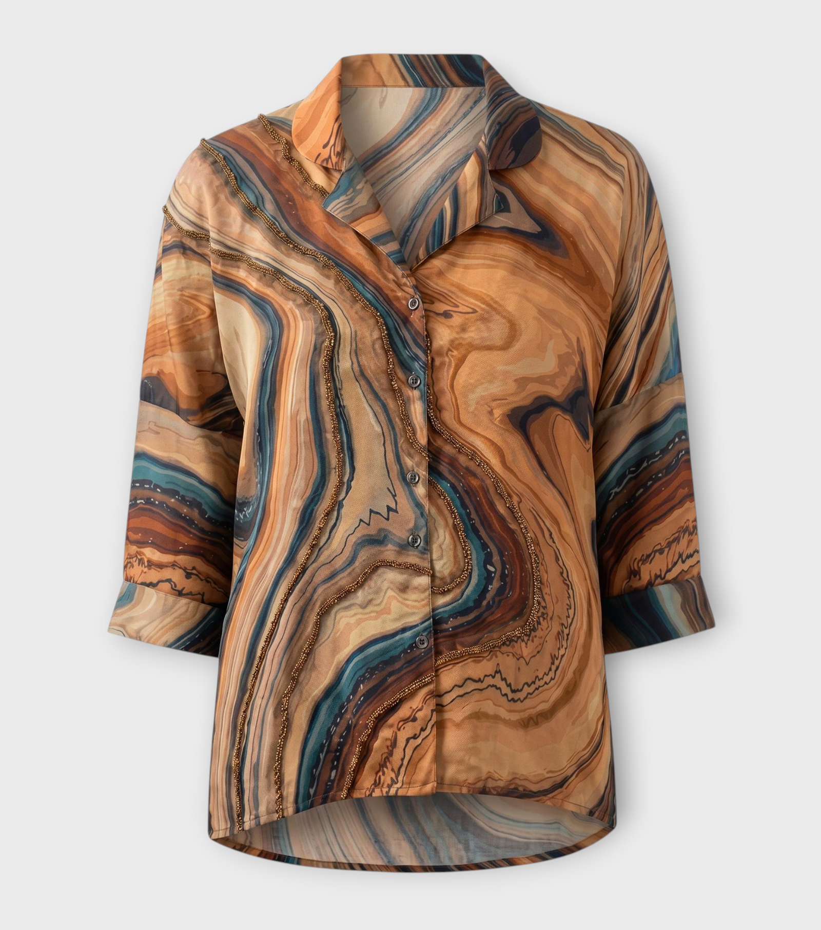 Chemise doors.nyc en satin modal fluide avec imprimé minéral abstrait, tons marron, gris et orange, brodée à la main.