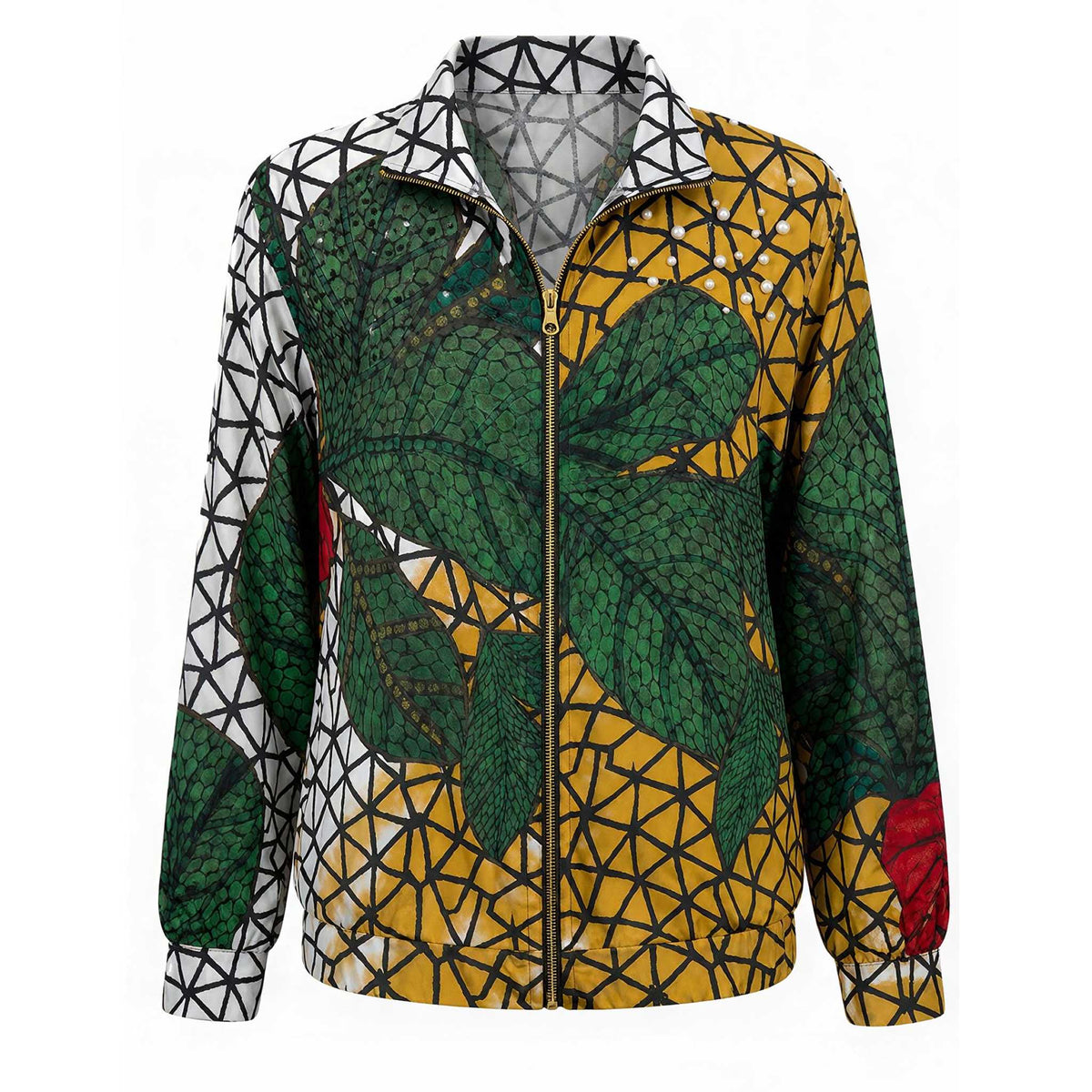 Olive Green Ivory Embellished Zip Top
