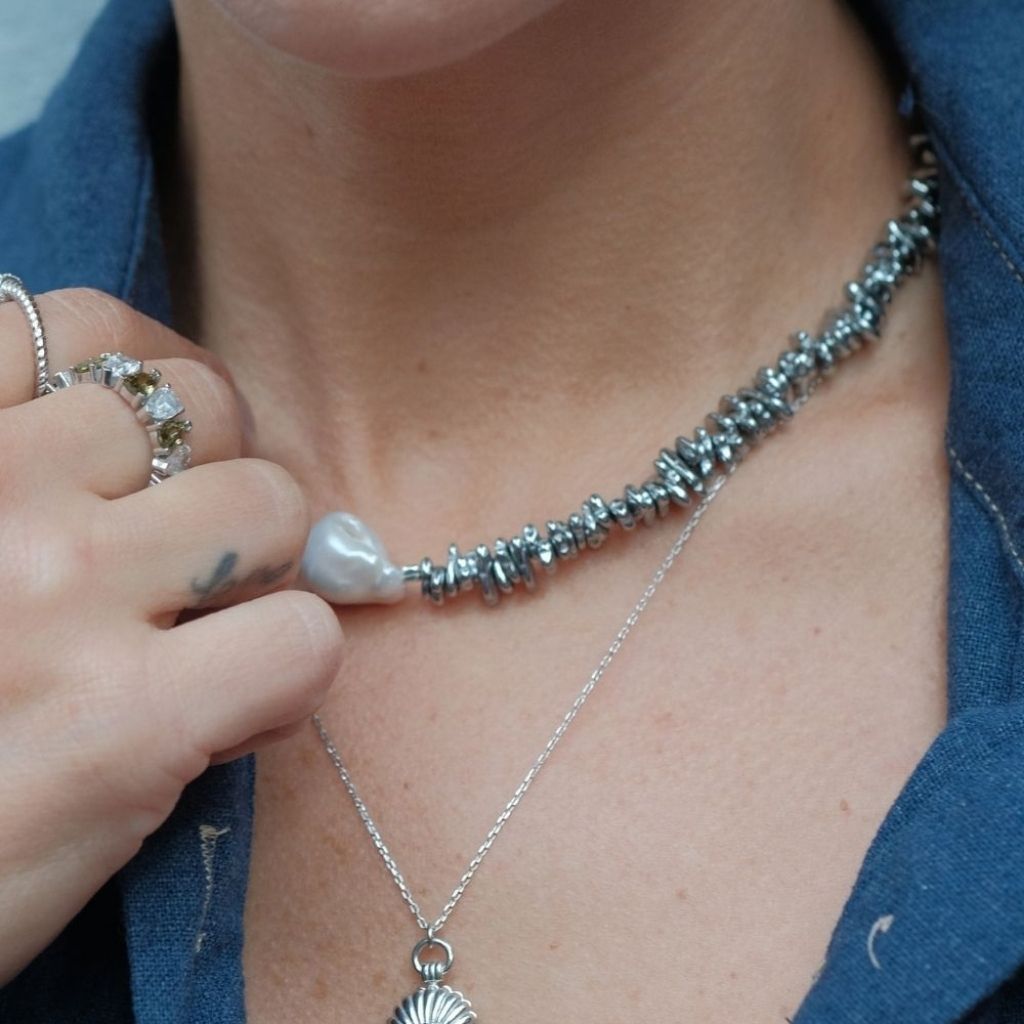 LINYA JEWELLERY - Halia Gray Hematite Necklace with Baroque Pearl , buy at DOORS NYC