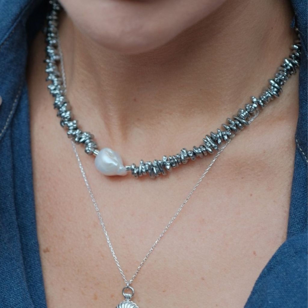 LINYA JEWELLERY - Halia Gray Hematite Necklace with Baroque Pearl , buy at DOORS NYC