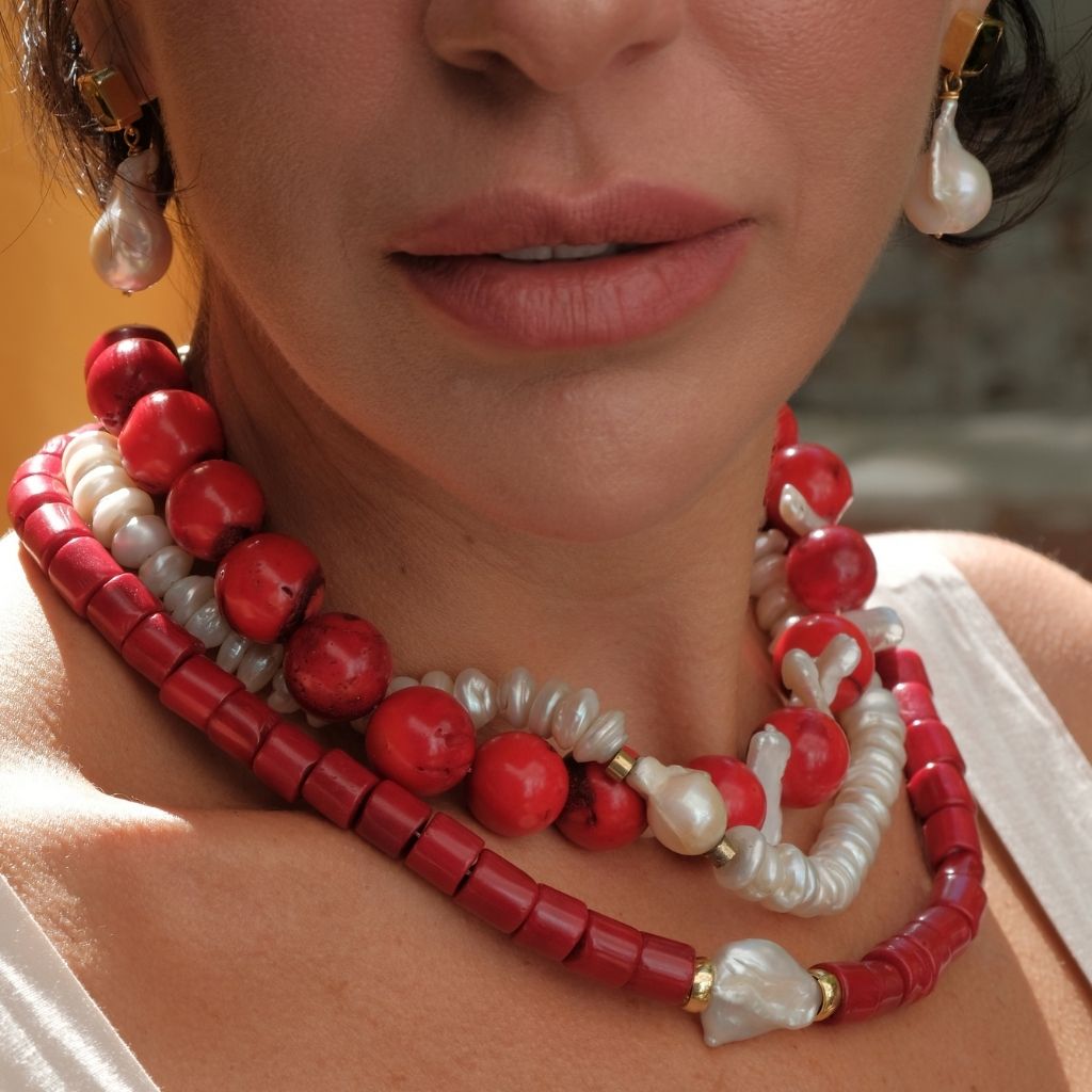 LINYA JEWELLERY - Harmonia Chunky Red Coral Necklace with Baroque Pearl, buy at DOORS NYC