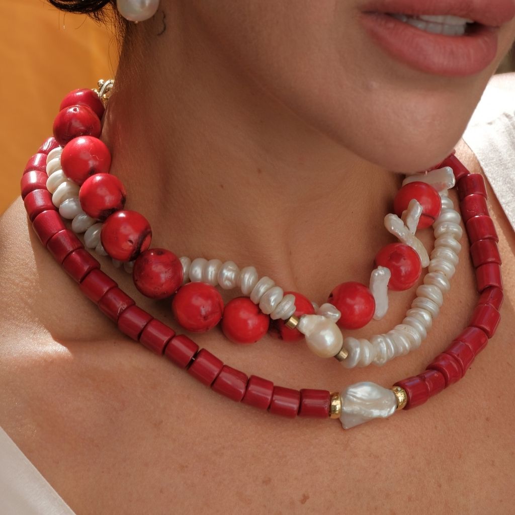 LINYA JEWELLERY - Harmonia Chunky Red Coral Necklace with Baroque Pearl, buy at DOORS NYC