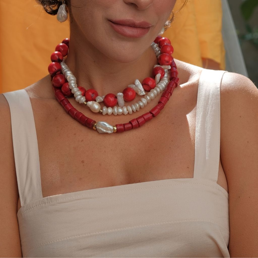 LINYA JEWELLERY - Harmonia Chunky Red Coral Necklace with Baroque Pearl, buy at DOORS NYC