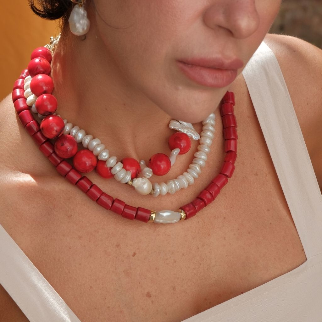 LINYA JEWELLERY - Harmonia Chunky Red Coral Necklace with Baroque Pearl, buy at DOORS NYC
