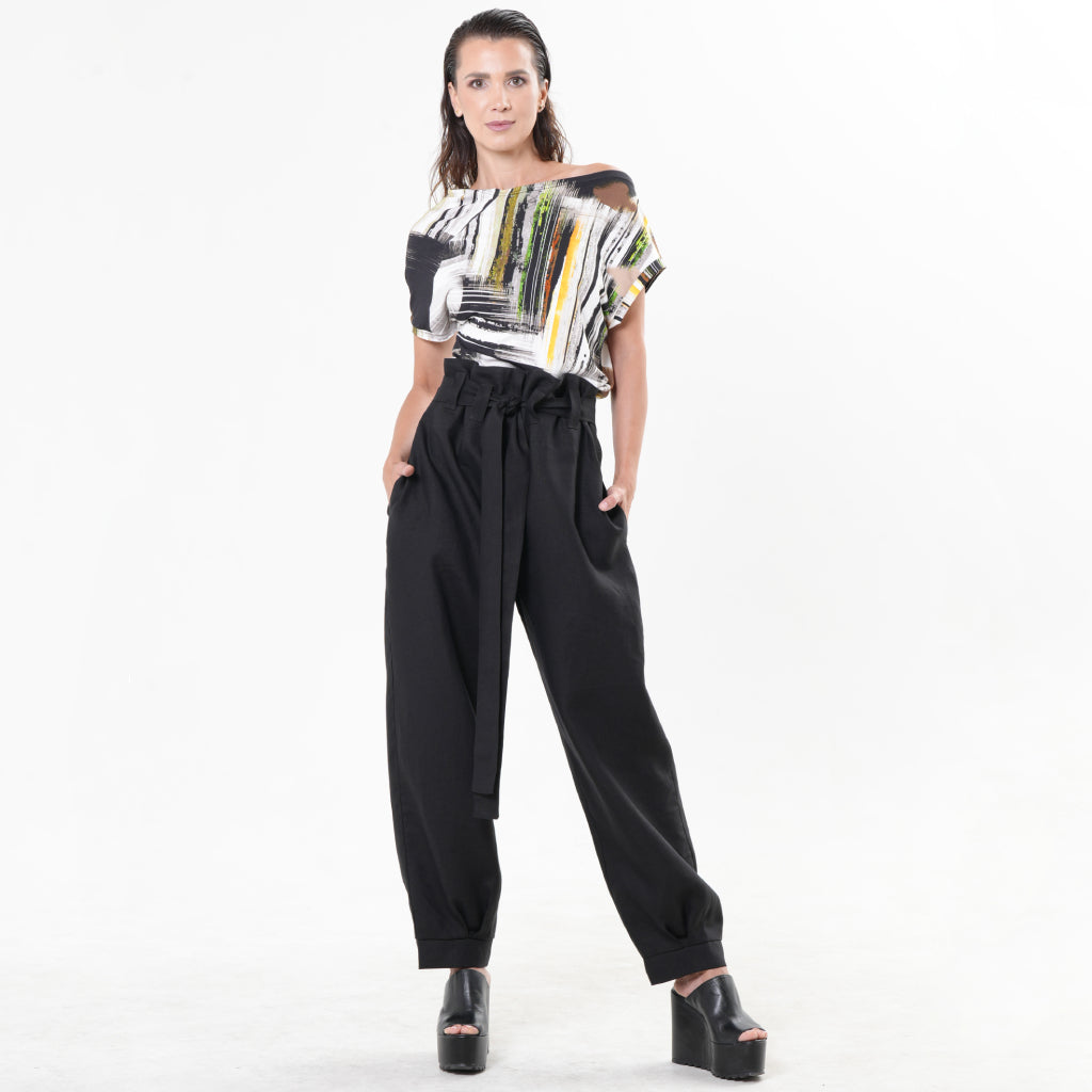METAMORPHOZA - Black High-Waisted Linen Pants with Belt, buy at DOORS NYC