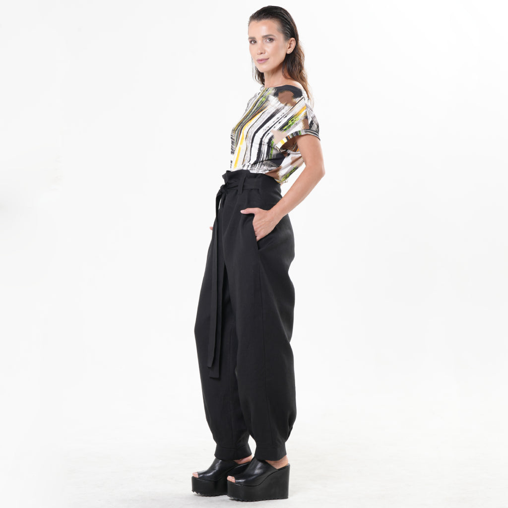 METAMORPHOZA - Black High-Waisted Linen Pants with Belt, buy at DOORS NYC