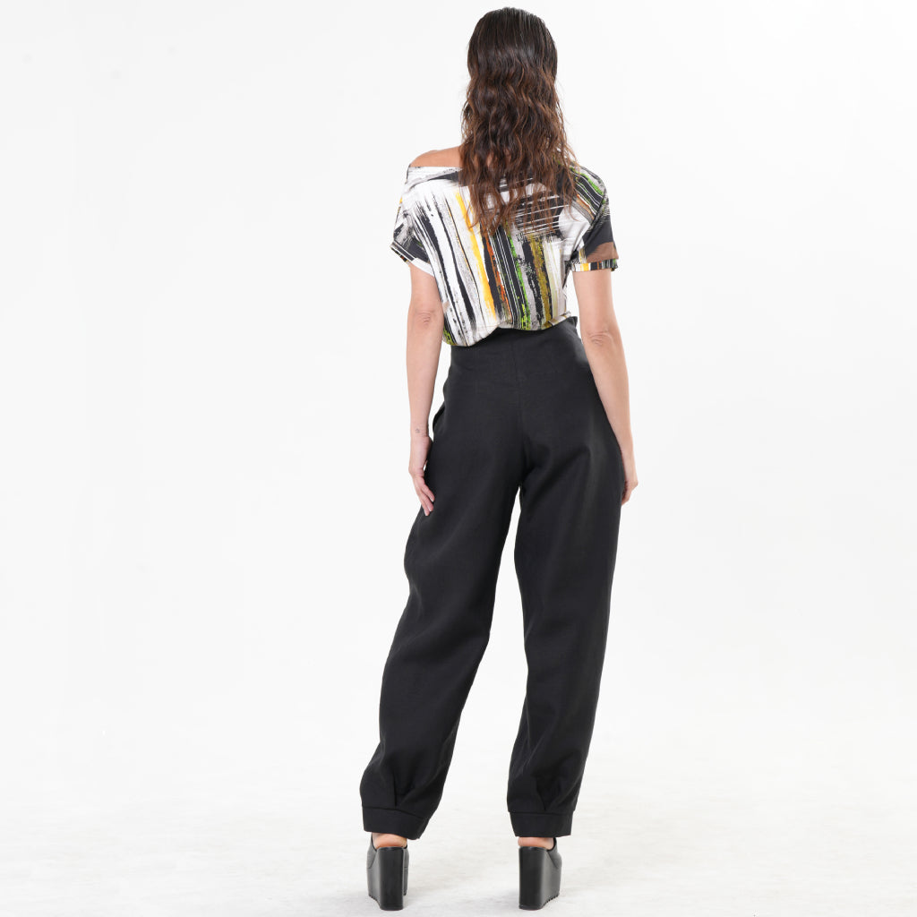 METAMORPHOZA - Black High-Waisted Linen Pants with Belt, buy at DOORS NYC