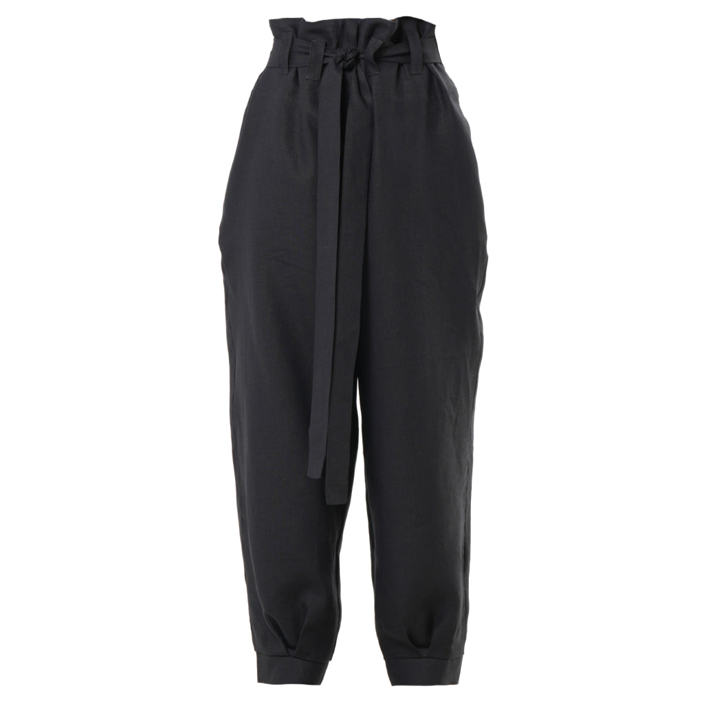 Breathable Black linen trousers by METAMORPHOZA. High-waisted with paper bag waist, tapered leg, and belt. Modern comfort in a limited edition cut. M